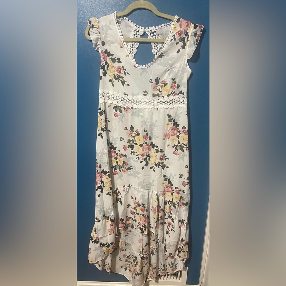 Floral Sleeveless High Low Dress with Lace Detail